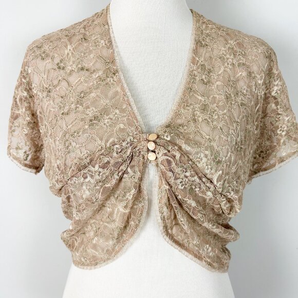 Y2K Brown Lace Cropped Top Sheer Mesh Fairy Romantic Size Large Women's - Picture 1 of 4